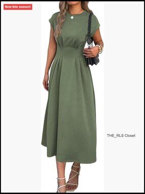 Maxi Dress with Cap Sleeves Crewneck Ruched Waist Casual Work Office
